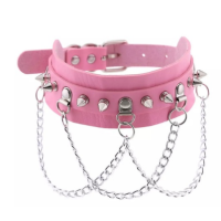 PU STUDDED COLLAR WITH CHAINS - PINK PU STUDDED COLLAR WITH CHAINS - PINK